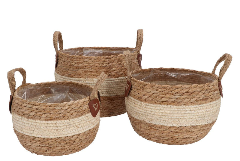 Seagrass Laos Straw Basket Natural Cream Stripe S/