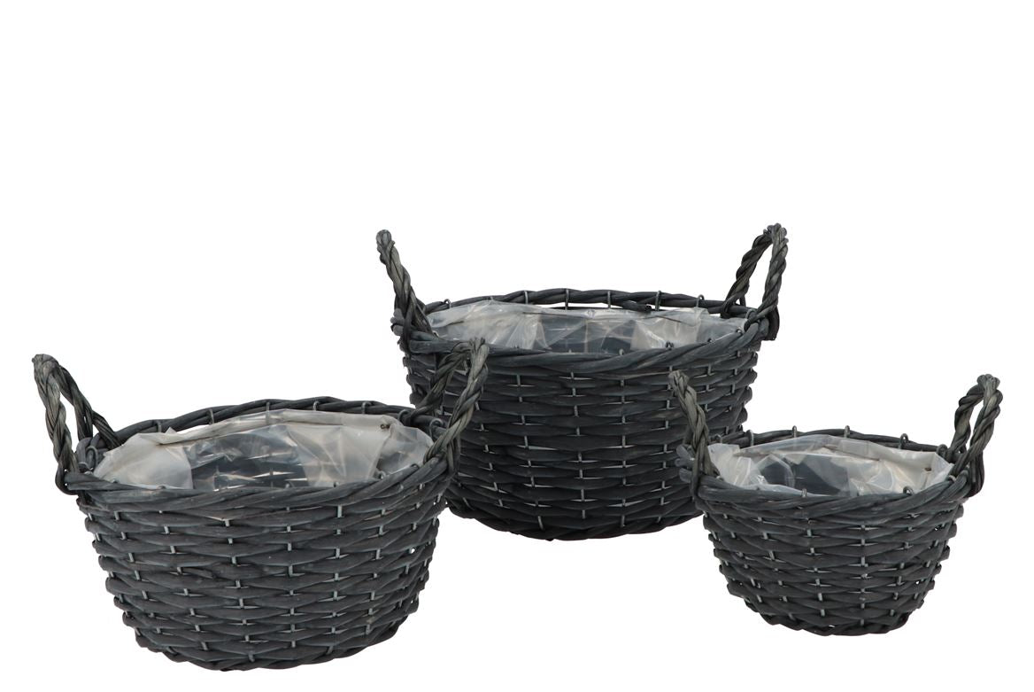 Wicker Basket With Ears Black Bowl Set 3dlg 27x13c