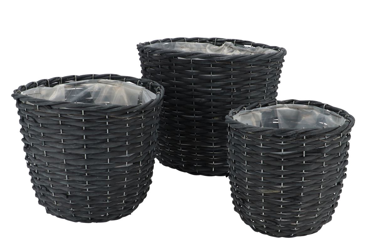 Wicker Basket Black Pot Set 3dlg 32x26cm