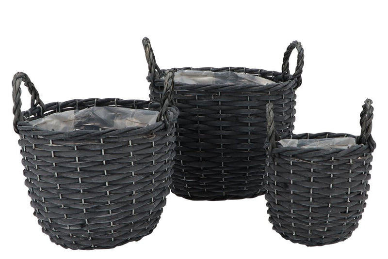 Wicker Basket With Ears Black Pot Set 3dlg 24x21cm